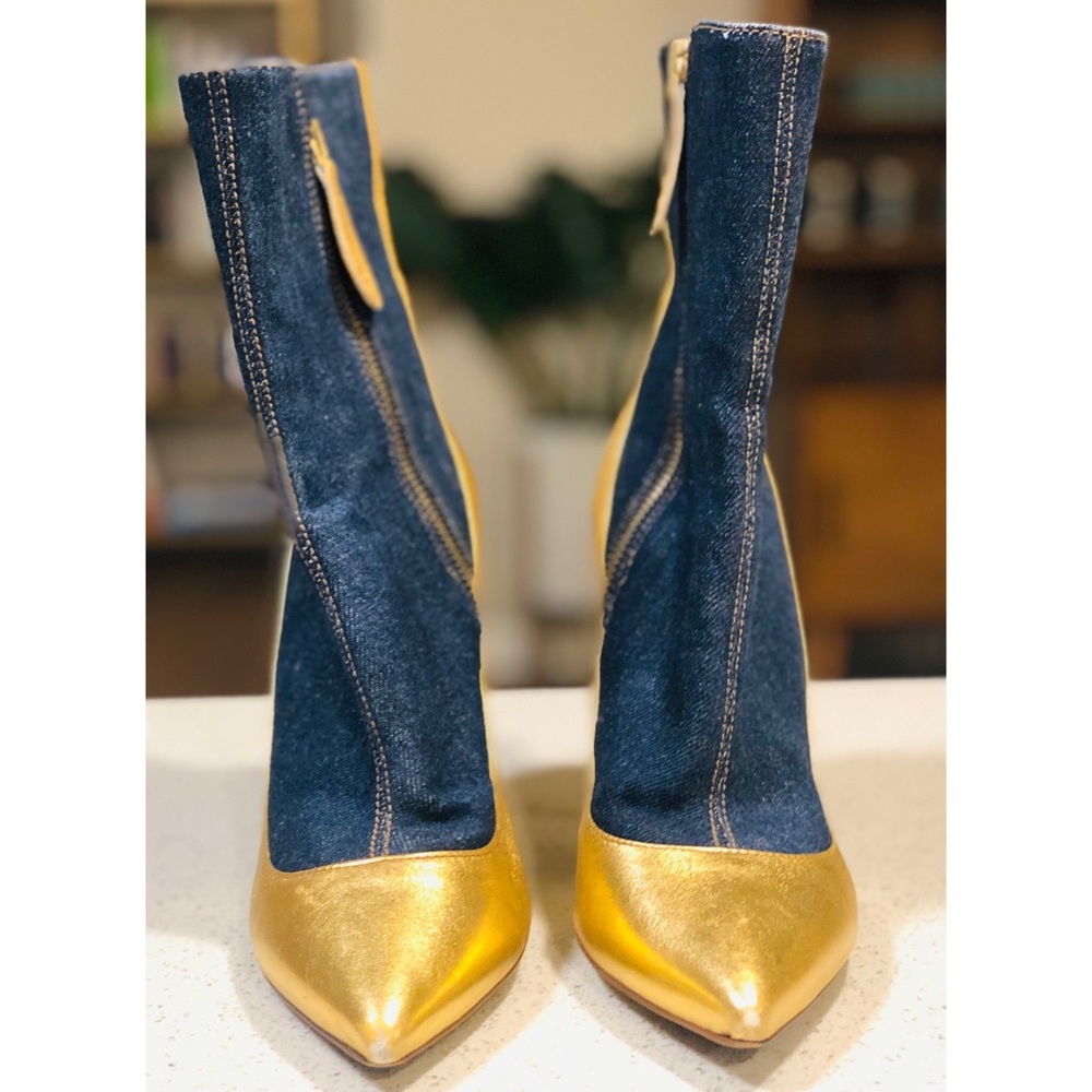 D&G Gold Leather Point Blue Denim Ankle Boots 38 8 - Picture 2 of 8